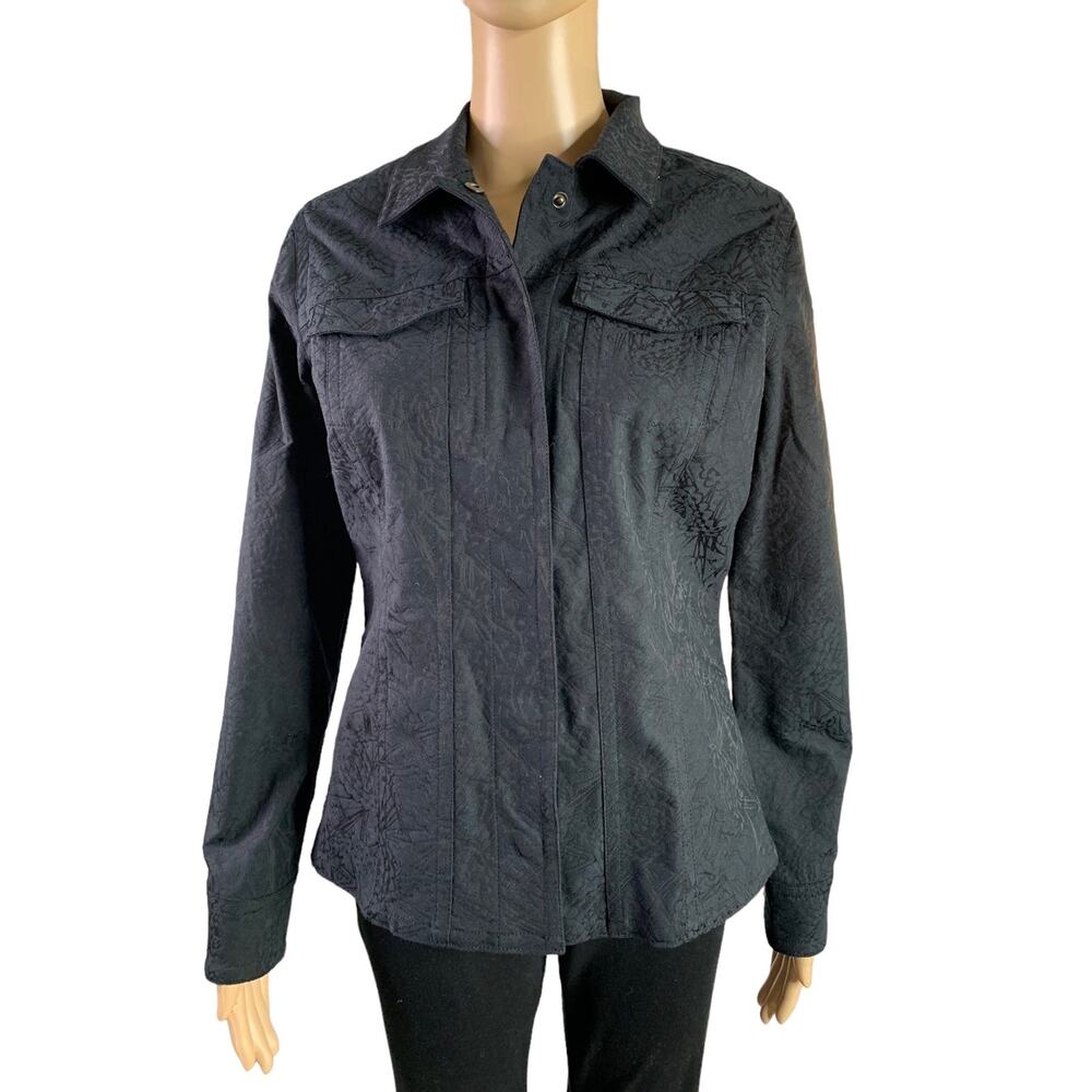 Chico's Women's Size 0 US 4 Jacket Mid-Length Black Embossed Front Snap Closure